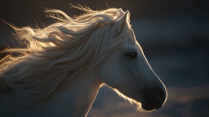 White pony with flowing mane illuminated by sunset