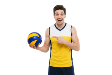 Excited Young Man Pointing at Blue and Yellow Volleyball in Sports Jersey