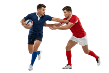 Two Male Rugby Players Running and Tackling on White Background