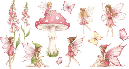 Whimsical illustration of fairies dancing around a pink mushroom with flowers