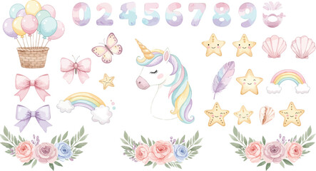 Whimsical unicorn and rainbow elements for kids party decorations and crafts
