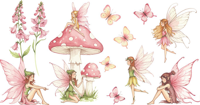 Whimsical illustration of fairies butterflies flowers and mushrooms in pastel colors