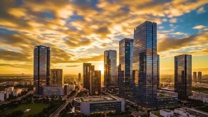 Modern skyscrapers in a city skyline at sunset urban landscape with dramatic clouds ideal for business and real estate concept.