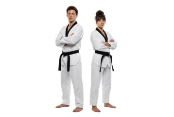 Confident Young Adults in White Martial Arts Uniforms with Black Belts Studio Shot
