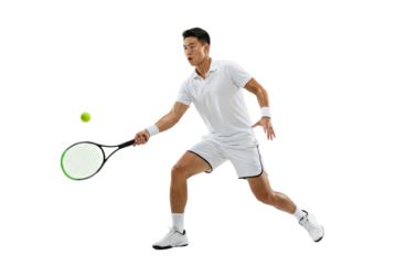 Dynamic Asian Male Tennis Player Hitting Ball in White Sportswear
