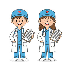 Simple Cute Cartoon Doctor and Nurse Characters with Lab Coat and Stethoscope Medical Illustration