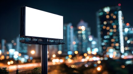 Blank Billboard in a City at Night with Blurred Lights.