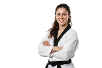 Smiling Young Woman in White Martial Arts Uniform with Black Belt