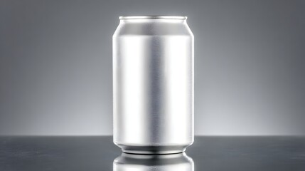 Blank Silver Aluminum Can on a Reflective Surface.