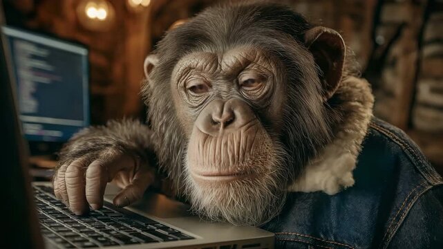 Sitting at a desk, an intelligent chimpanzee uses a laptop keyboard to input code that appears on the screen.
