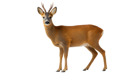 Male roe deer buck with small antlers standing alertly against a black background