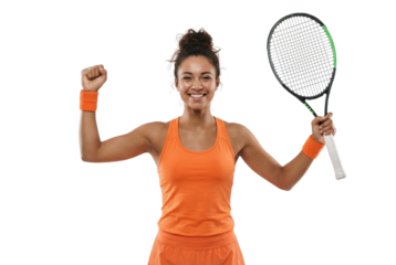 Smiling Female Tennis Player in Orange Outfit Celebrating Success with Racket on White Background