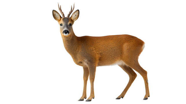 Male roe deer buck with small antlers standing alertly against a black background