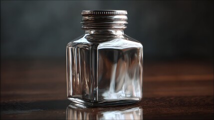 Clear Glass Square Bottle with Metal Screw Cap on Wooden Surface.
