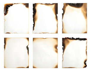 Six squares of paper with burnt, darkened edges, showing charring