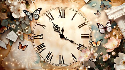 Surreal vintage clock with Roman numerals surrounded by colorful butterflies, blooming flowers, and ancient ruins in a dreamy magical glow