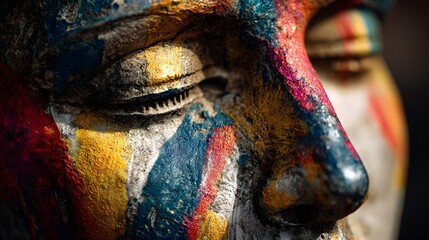 Close Up of a Textured Face with Vibrant Abstract Paint Strokes.