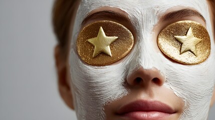 Close up of a womans face with a white clay mask and golden star eye patches.