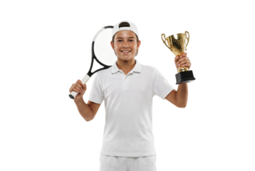 Smiling Young Male Tennis Player Holding Gold Trophy and Racket
