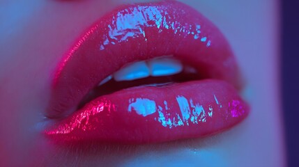 Close up of glossy pink lips with blue light reflections.