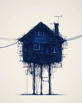 Dream Home Abstraction: A surreal and artistic depiction of a house with an unusual, wire-based foundation, evoking themes of technological integration and an unstable, yet creative structure.