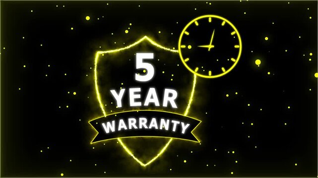 Neon Glowing Shield Badge with 5 Year Warranty Text and Clock Animation on black Futuristic Background.
