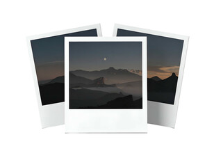 Three framed scenic mountain vistas with a twilight sky and moon