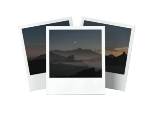 Three framed scenic mountain vistas with a twilight sky and moon