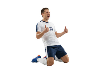 Fototapeta premium Excited Male Soccer Player in White and Blue Uniform Celebrating Victory Isolated