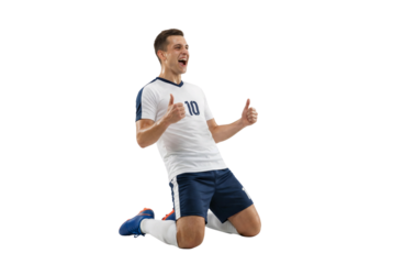 Excited Male Soccer Player in White and Blue Uniform Celebrating Victory Isolated