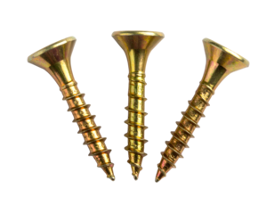 Three gold metal fasteners with pointed tips and threaded shafts