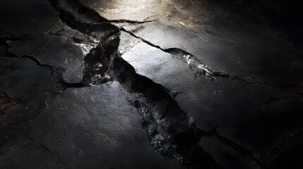Close-up of a dark, cracked, and textured rock surface with dramatic lighting.
