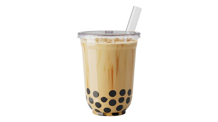 Bubble Milk Tea in Clear Plastic Cup with Straw in Soft Focus and Creamy Beige Color for Beverage Advertising