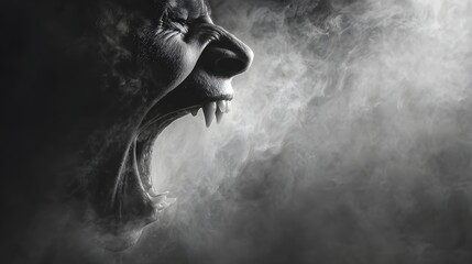 Close-up of a ferocious werewolf roaring in a smoky, dark atmosphere.