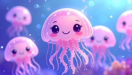 Cute smiling jellyfish with friends in sparkling ocean