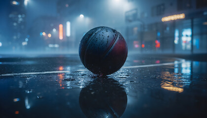 A wet basketball sits on a reflective wet street at night with city lights and fog in the background, creating a moody atmosphere.