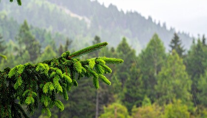 Lush green pine tree branch in misty mountain forest during rain