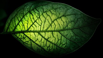 Close-up of a Vibrant Green Leaf with Intricate Veins Illuminated from Behind.