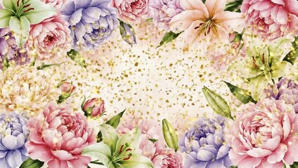 A vibrant watercolor floral frame with various blooming flowers and green leaves, perfect for spring and summer designs.