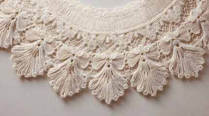 Close-up of delicate antique lace collar with intricate floral patterns and tassels.