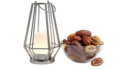 Elegant candle holder and bowl of dates on a black background