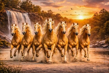Seven Light Brown Horses Running Together Near Waterfall at Sunrise Ai Genreted 