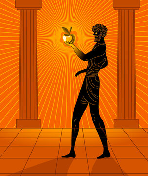 king midas turning an apple into gold in ancient orange greek style