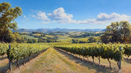 Obraz premium Expansive vineyard landscape under a bright blue sky with rolling hills in the distance