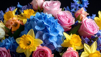 Fototapeta premium Close-up of a vibrant floral arrangement featuring roses, daffodils, and hydrangeas