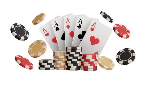 3D gambling icons vector set with falling poker chips and playing cards isolated on white background