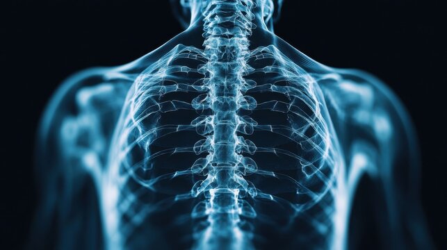 Close-up view of a glowing blue human spine and rib cage against a dark background