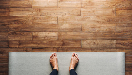木目調の床とマットに素足で立つ俯瞰ショット、上部に広いコピースペースがある健康習慣の背景素材