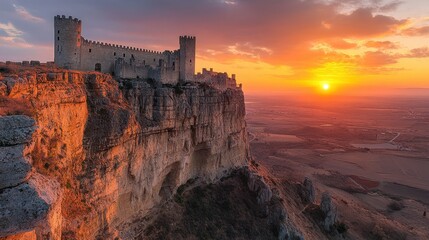 Obraz premium Ancient castle perched on a dramatic cliff at sunset with vibrant orange sky