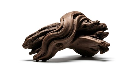 Abstract sculptural driftwood piece displayed on a stark white backdrop studio shot